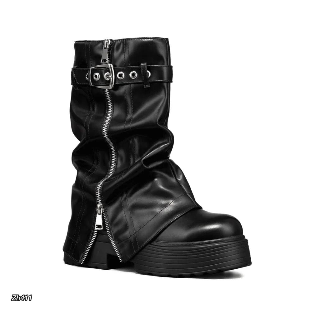 Bota caña media negro doblez detalle cierre plateado suela 7cm  AC9A-AX7296-01  C-138