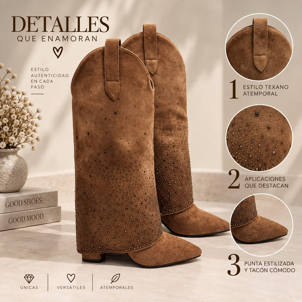 Bota caña alta café doblez apliques brillante tacon 10cm   HX3079-B0137