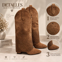 Bota caña alta café doblez apliques brillante tacon 10cm   HX3079-B0137