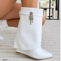Bota blanco doblez detalle plateado tacon corrido 9cm  HX2697-C1808