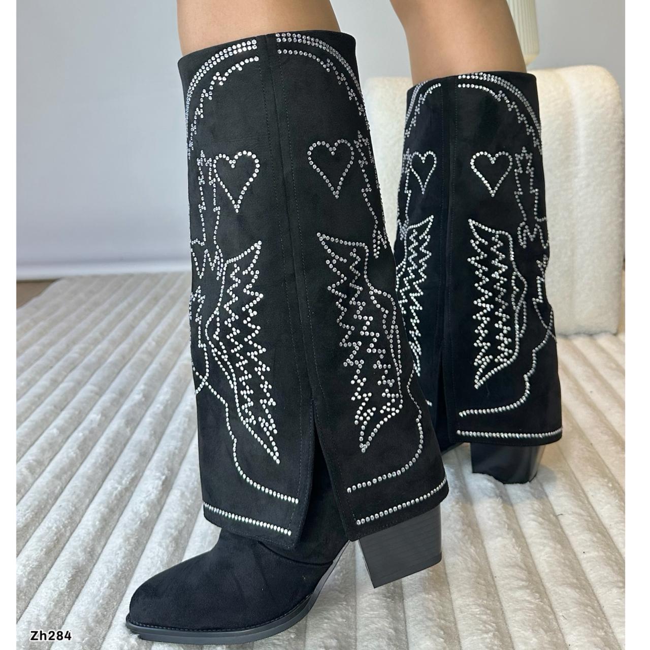 Bota texana negro doblez apliques brillantes tacon 7cm  HX3170-B9573