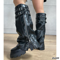 Bota caña alta negro doblez detalles correa y cierre plateado suela 6cm   HX3167-B9578