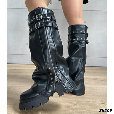 Bota caña alta negro doblez detalles correa y cierre plateado suela 6cm   HX3167-B9578