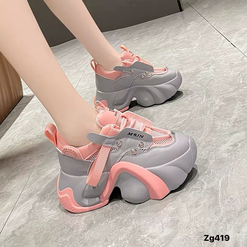 Tenis gris detalles rosado y malla aplique plateado suela plataforma 6cm  339  C-2