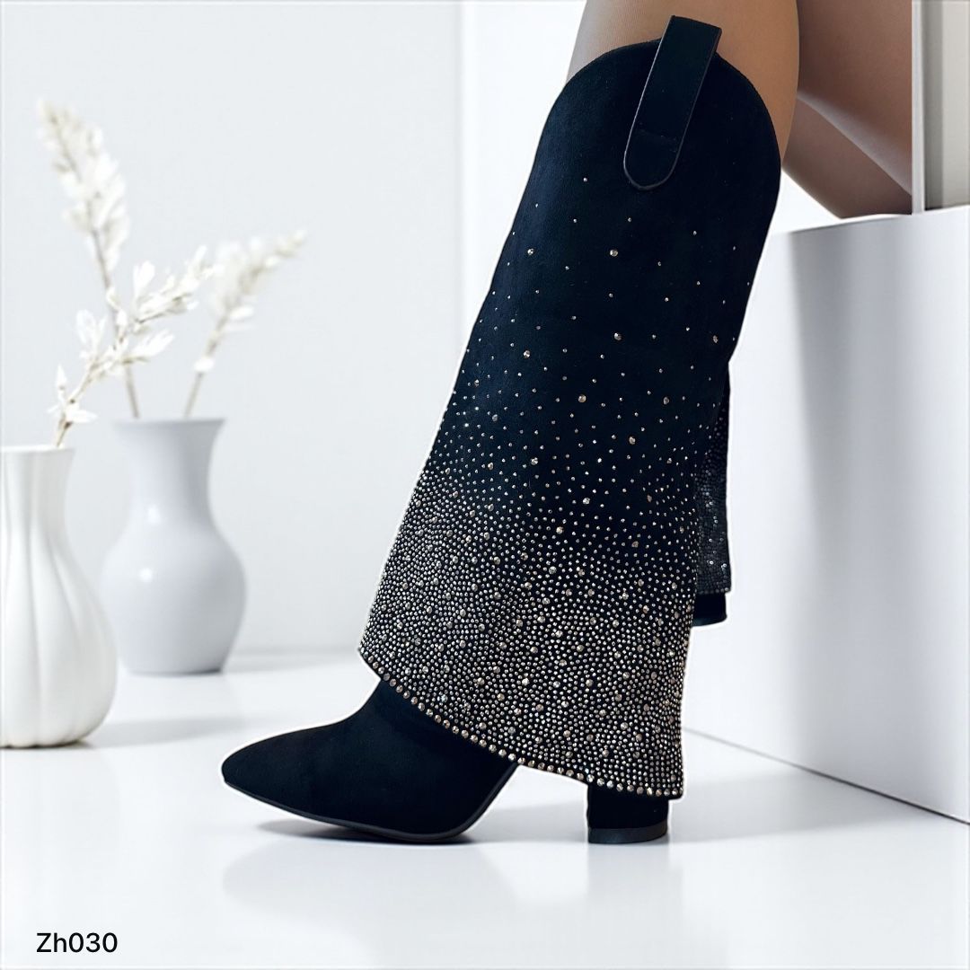 Bota caña alta negro doblez apliques plateado brillantes tacon 10cm  255-030