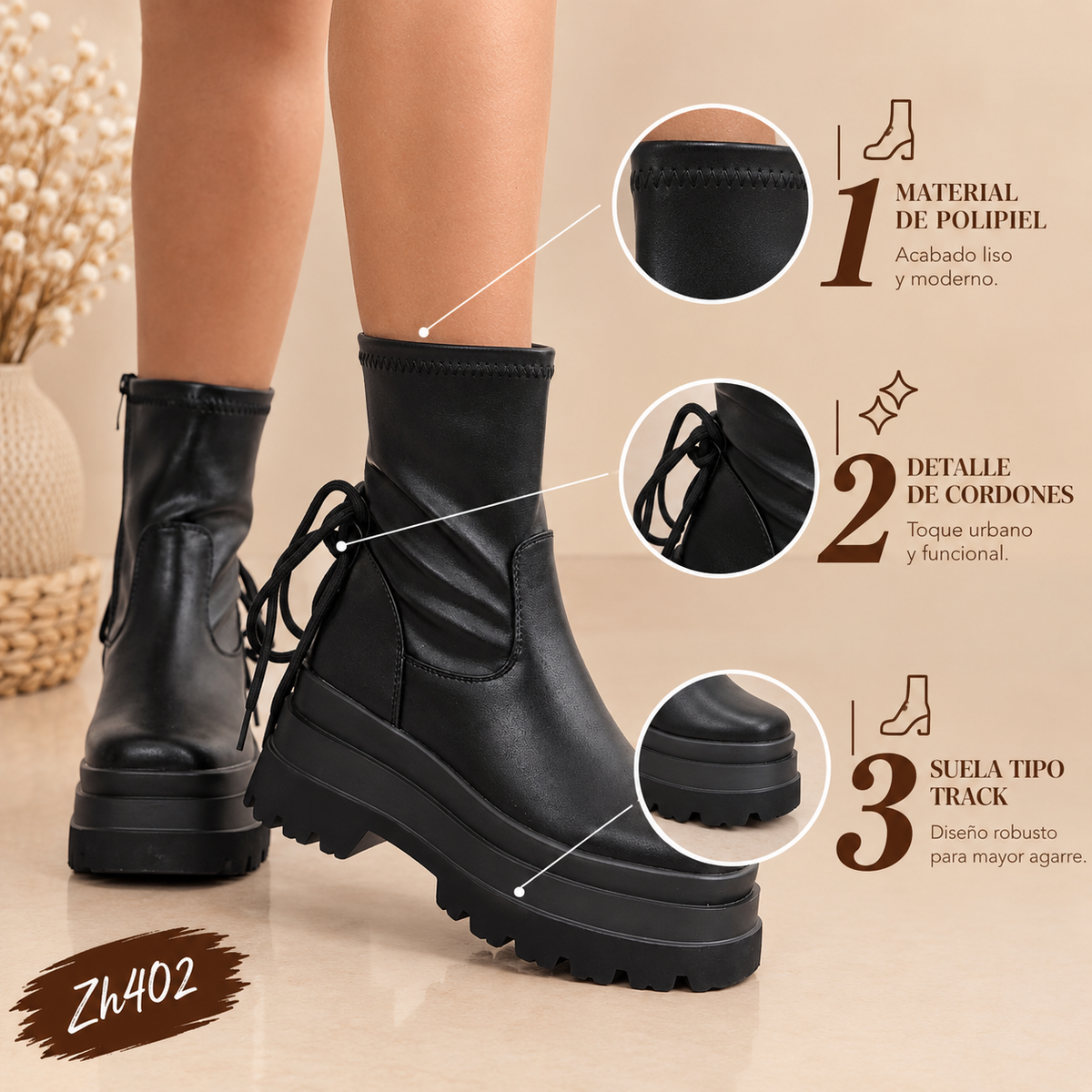 Botin negro detalle cordon plataforma 7cm  HX3112-B9942