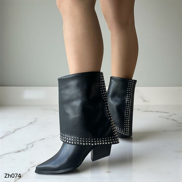 Botin texano negro doblez apliques plateado tacon 7cm  255-042