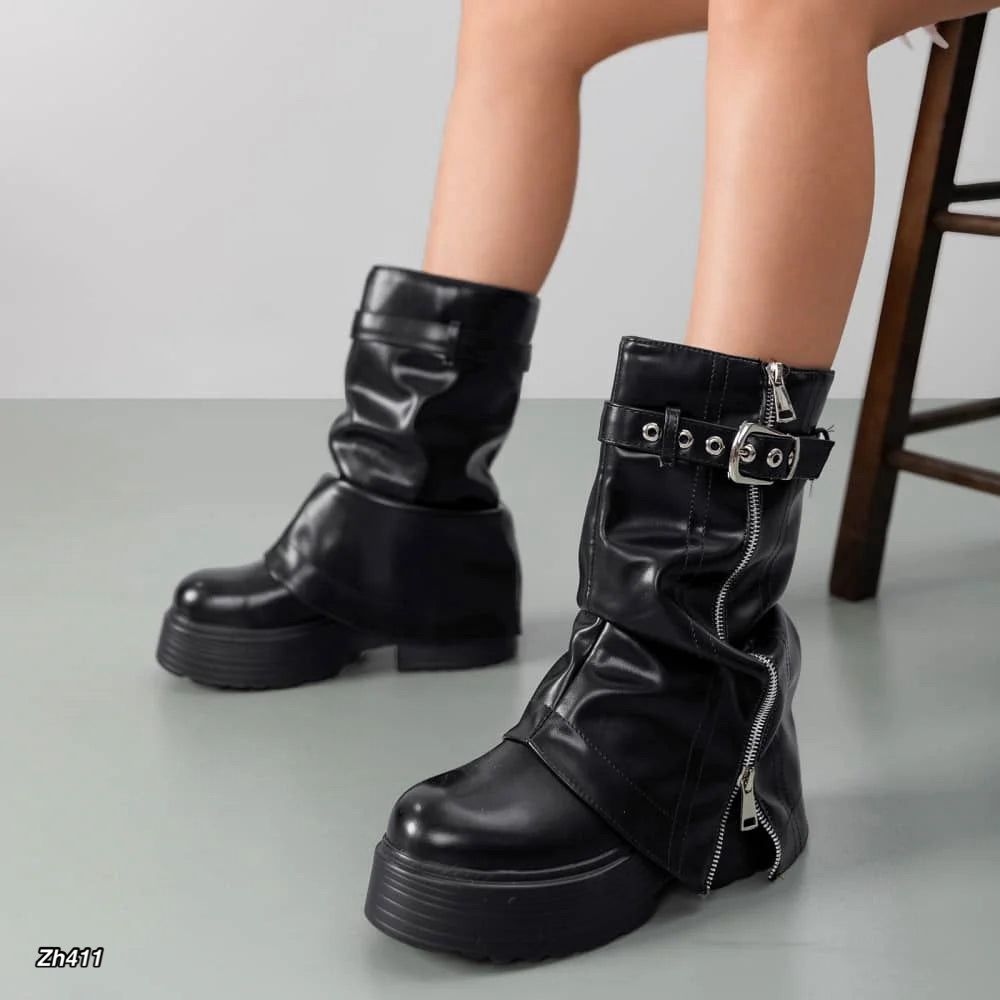 Bota caña media negro doblez detalle cierre plateado suela 7cm  AC9A-AX7296-01  C-138