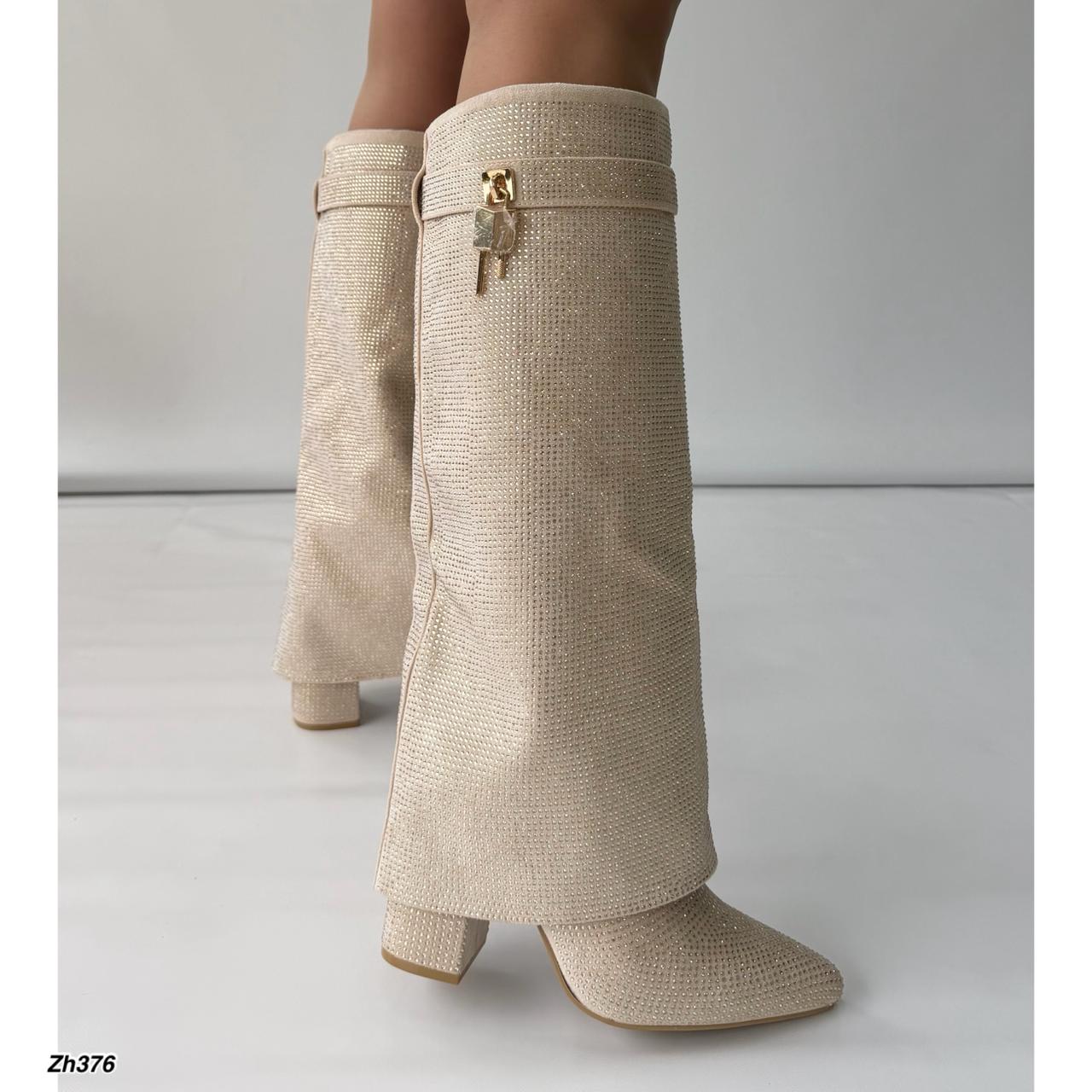 Bota caña alta beige doblez apliques brillantes tacon 10cm  G719  C-131