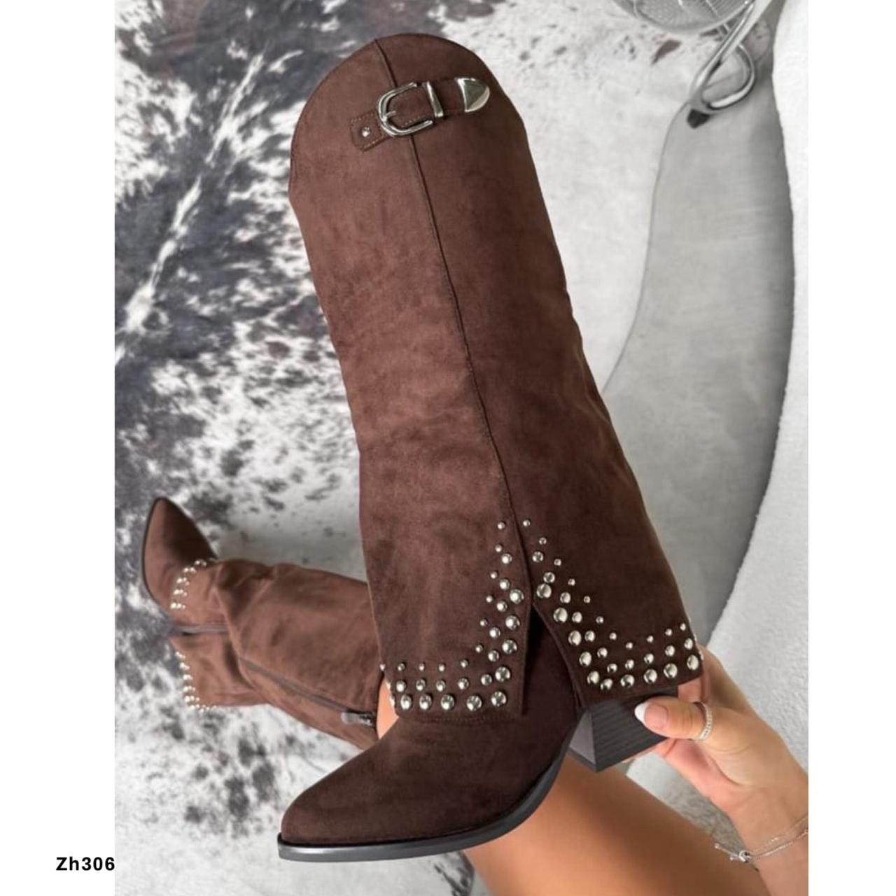 Bota texana café doblez apliques plateado tacon 7cm  BM183  C-114