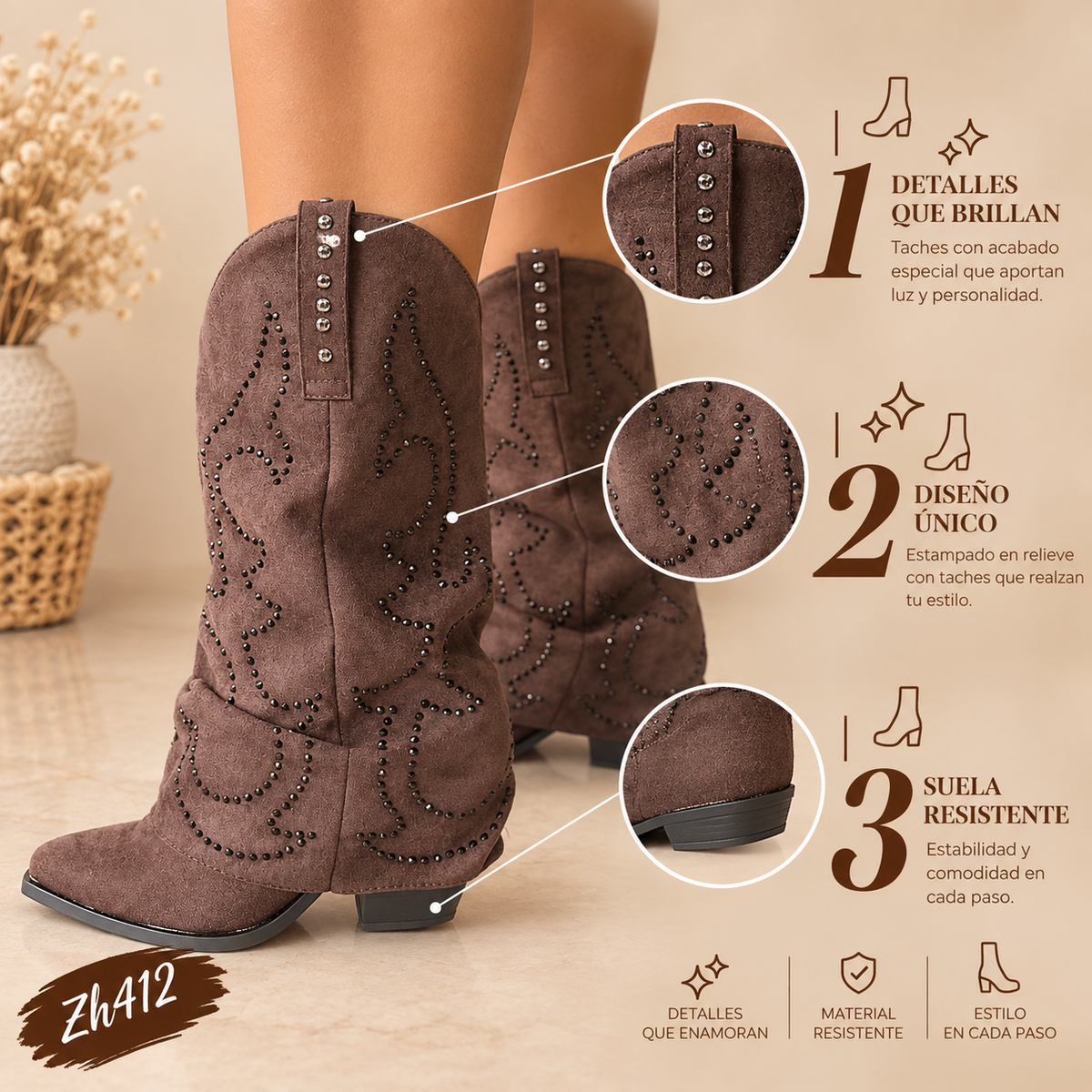 Bota texana café doblez apliques negro y plomo tacon 9cm  A9982  C-140
