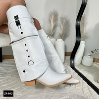 Bota caña alta blanco doblez detalle plateado bolsillo lateral  tacon 7cm  255-101