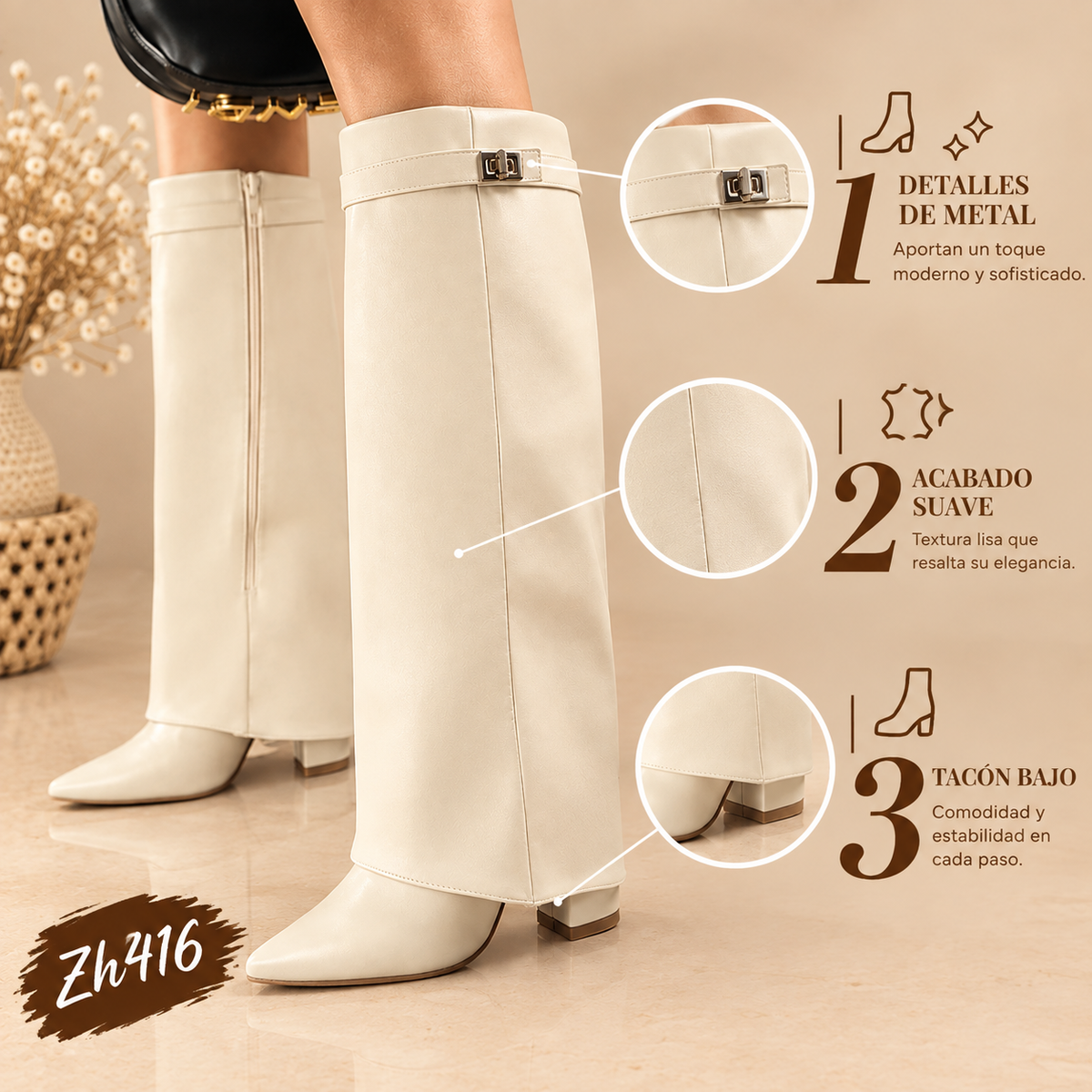 Bota caña alta beige doblez detalle dorado tacon 10cm  SM569  C-142