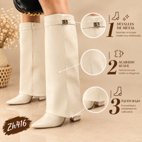 Bota caña alta beige doblez detalle dorado tacon 10cm  SM569  C-142