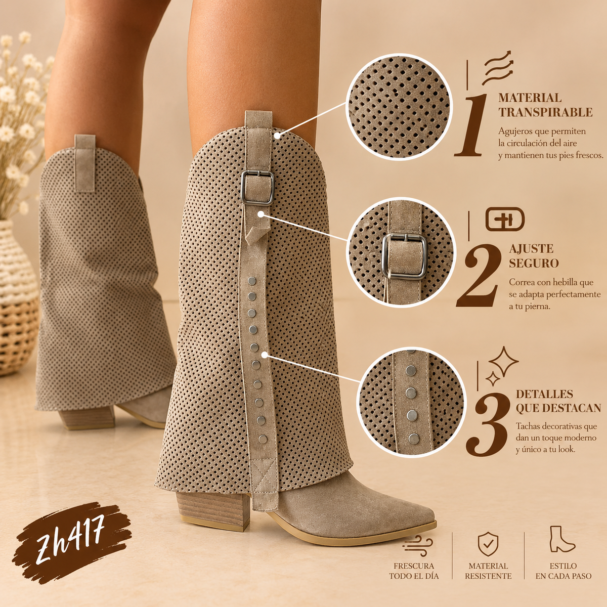 Bota texana beige doblez detalle malla apliques plateado tacon 7cm   G715  C-141