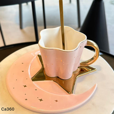 Taza plato luna rosado detalles dorado 120ml