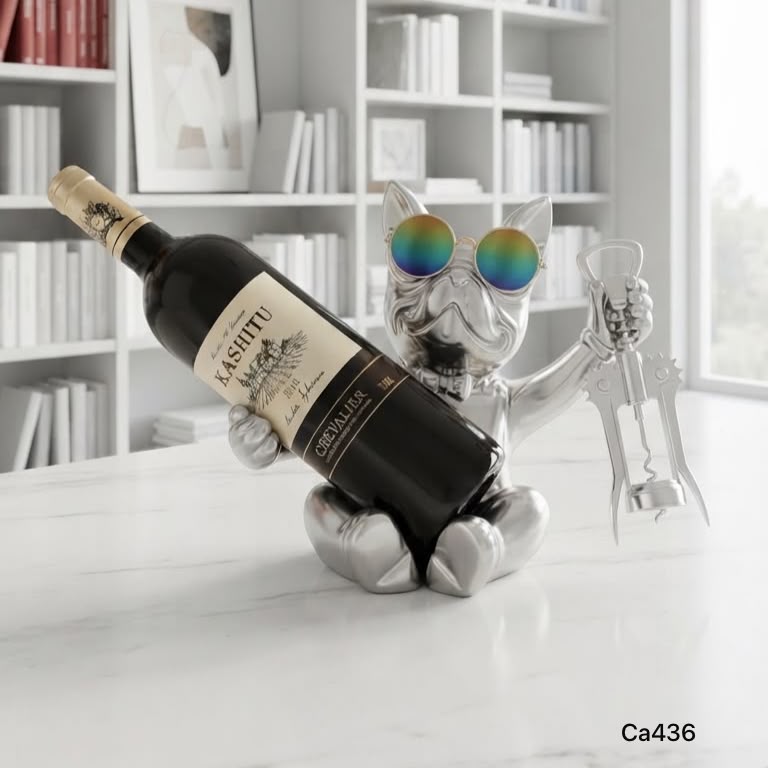 Articulo decorativo porta vino perro plateado sentado  25cm* 18cm* 21cm