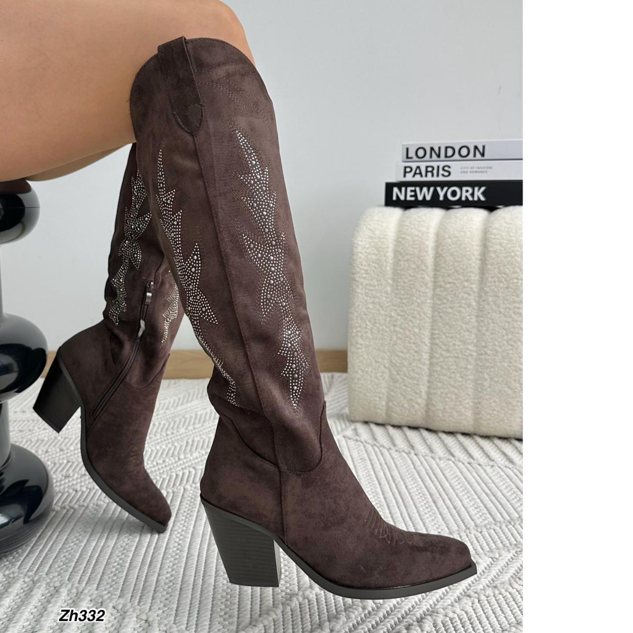Bota texana café oscuro apliques plateado tacon 8cm  A9829  C-124