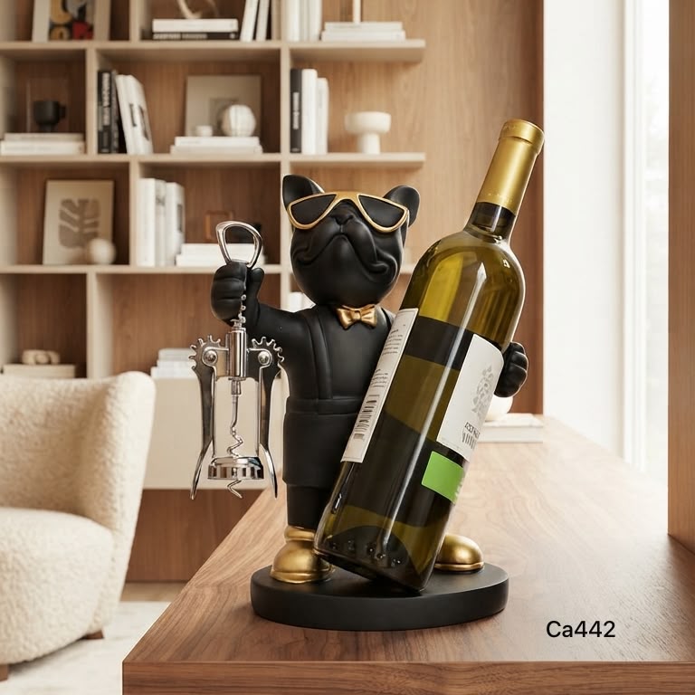 Articulo decorativo porta vino perro negro parado  21cm* 13cm* 28,5cm