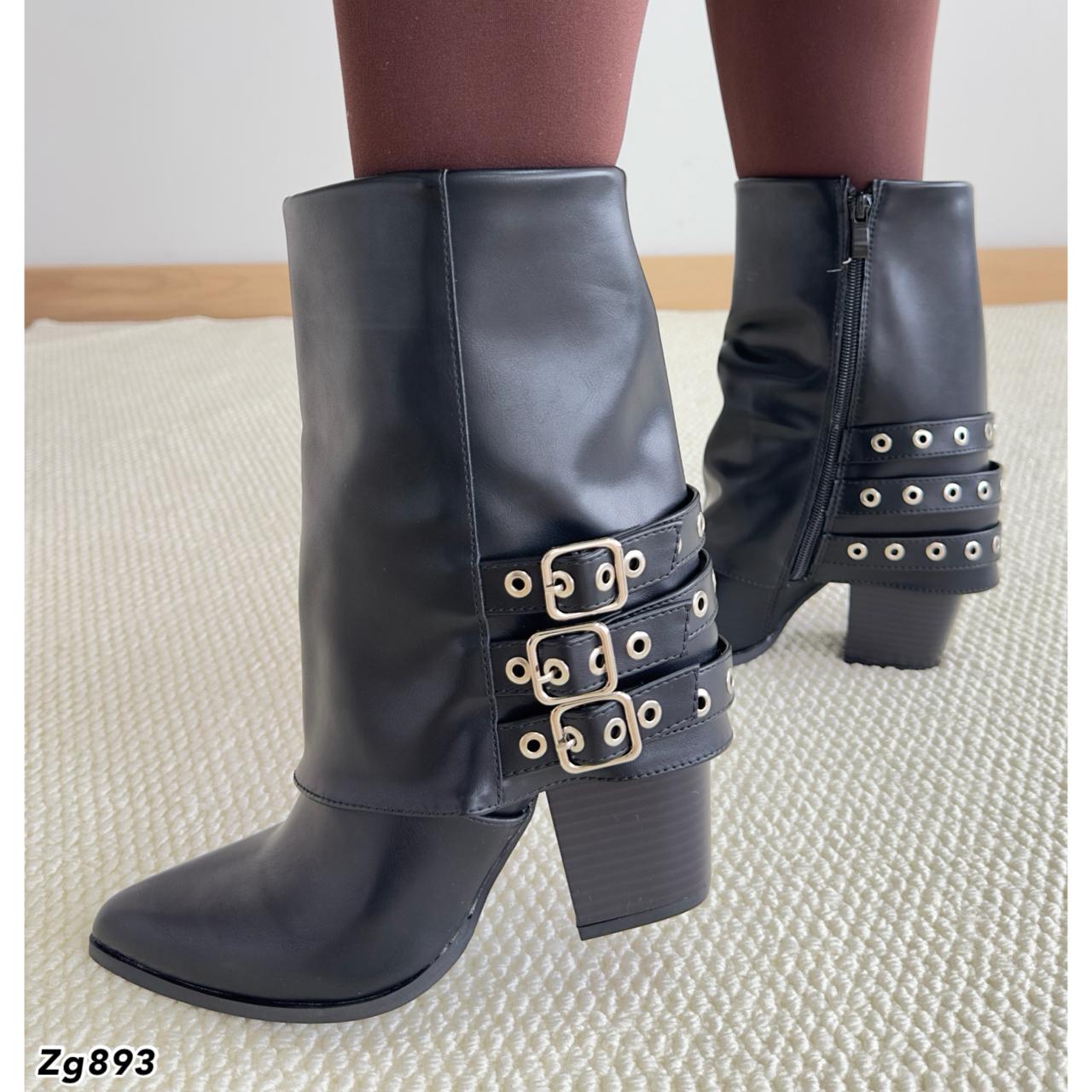 Botin texano negro doblez detalle correas plateado tacon 9cm  9720  C-16
