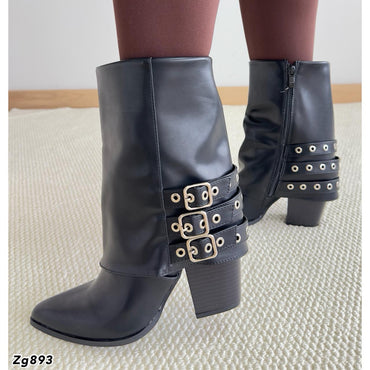 Botin texano negro doblez detalle correas plateado tacon 9cm  9720  C-16