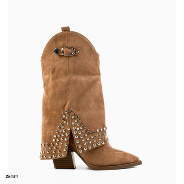 Bota texana café doblez apliques plateado tacon 7cm  RXJ-283  C-75