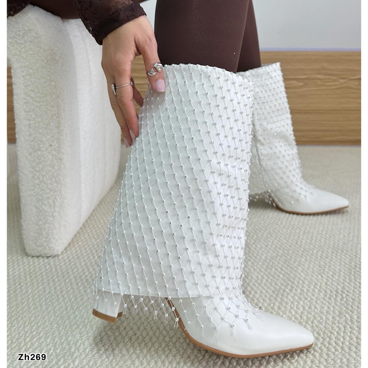 Botin blanco doblez malla apliques brillante tacon 9cm   255-022