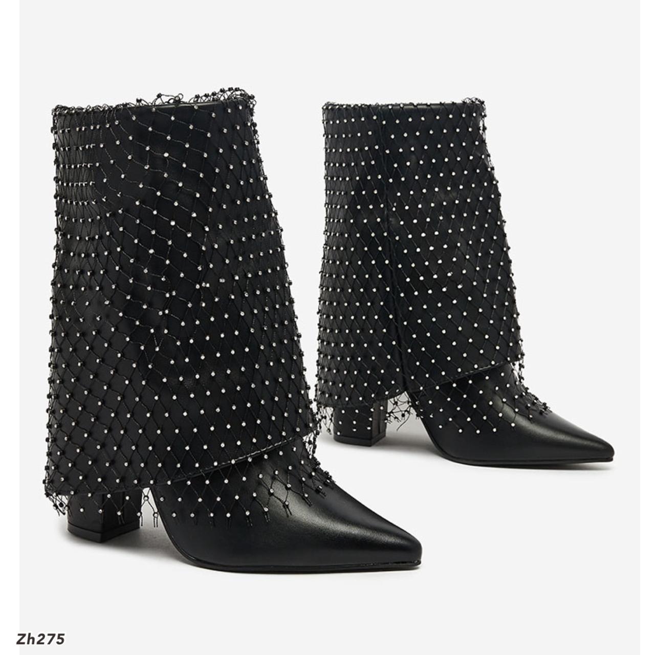 Botin negro doblez malla apliques brillante tacon 9cm   255-022