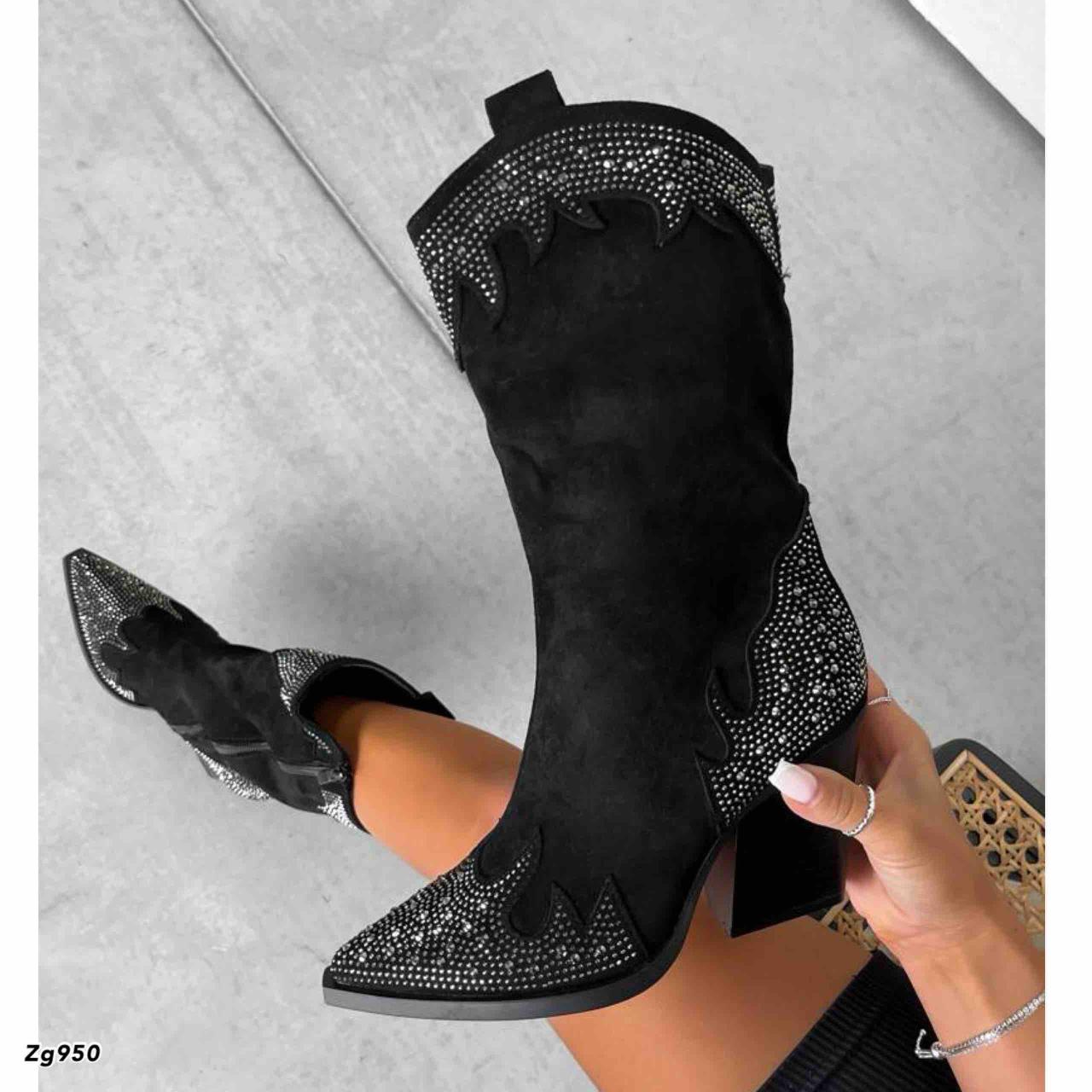 Botin texano negro apliques plateado tacon 7cm   255-011