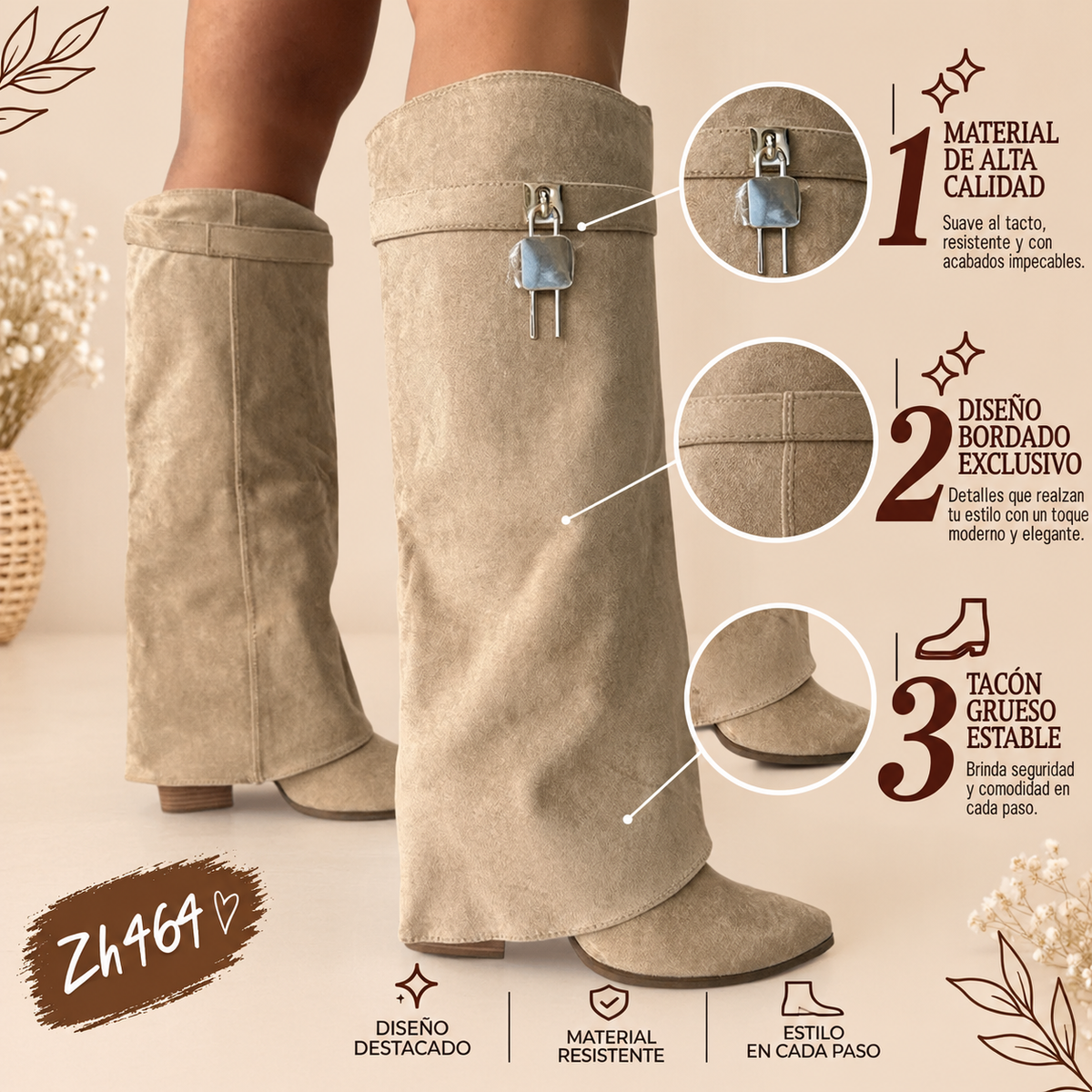 Bota caña alta beige doblez detalle dorado tacon 9cm  HJO755  C-146