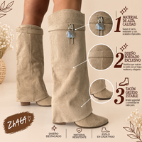 Bota caña alta beige doblez detalle dorado tacon 9cm  HJO755  C-146