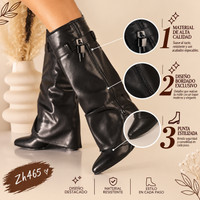 Bota caña alta negro doblez detalle correa tacon corrido 9cm   G690  C-146