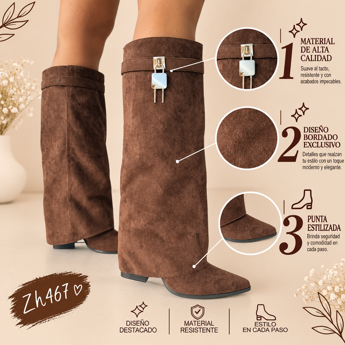 Bota caña alta cafe doblez detalle dorado tacon 9cm  HJO755  C-146