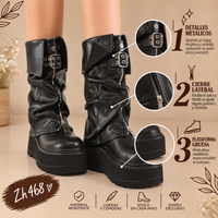 Bota caña media negro doblez detalle correa cierre frontal plataforma 7cm   K50  C-149