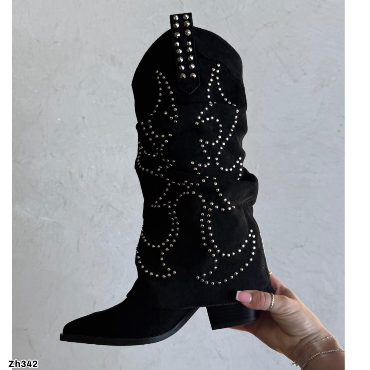 Bota texana negro doblez apliques plateado tacon 8cm  A9982  C-122