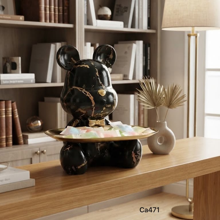 Articulo decorativo oso negro detalles dorado bandeja dorado  23cm* 19cm* 23cm