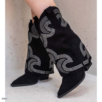 Bota texana negro doblez apliques plateado brillantes tacon 8cm  A9589   C-160