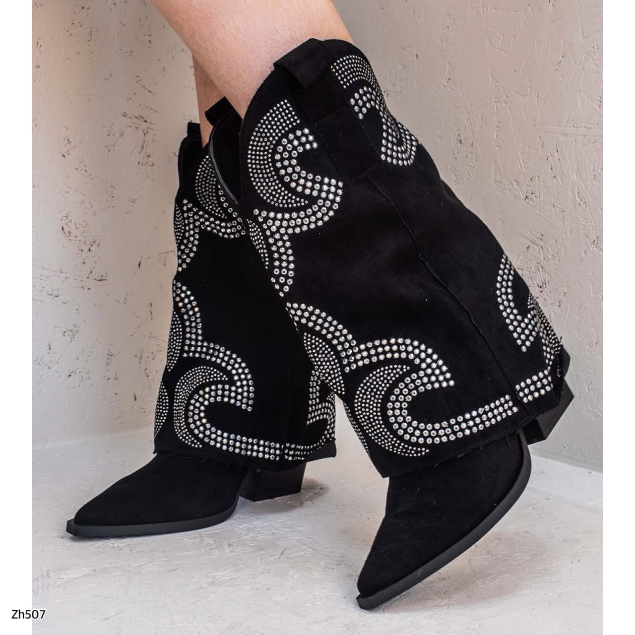 Bota texana negro doblez apliques plateado brillantes tacon 8cm  A9589   C-160