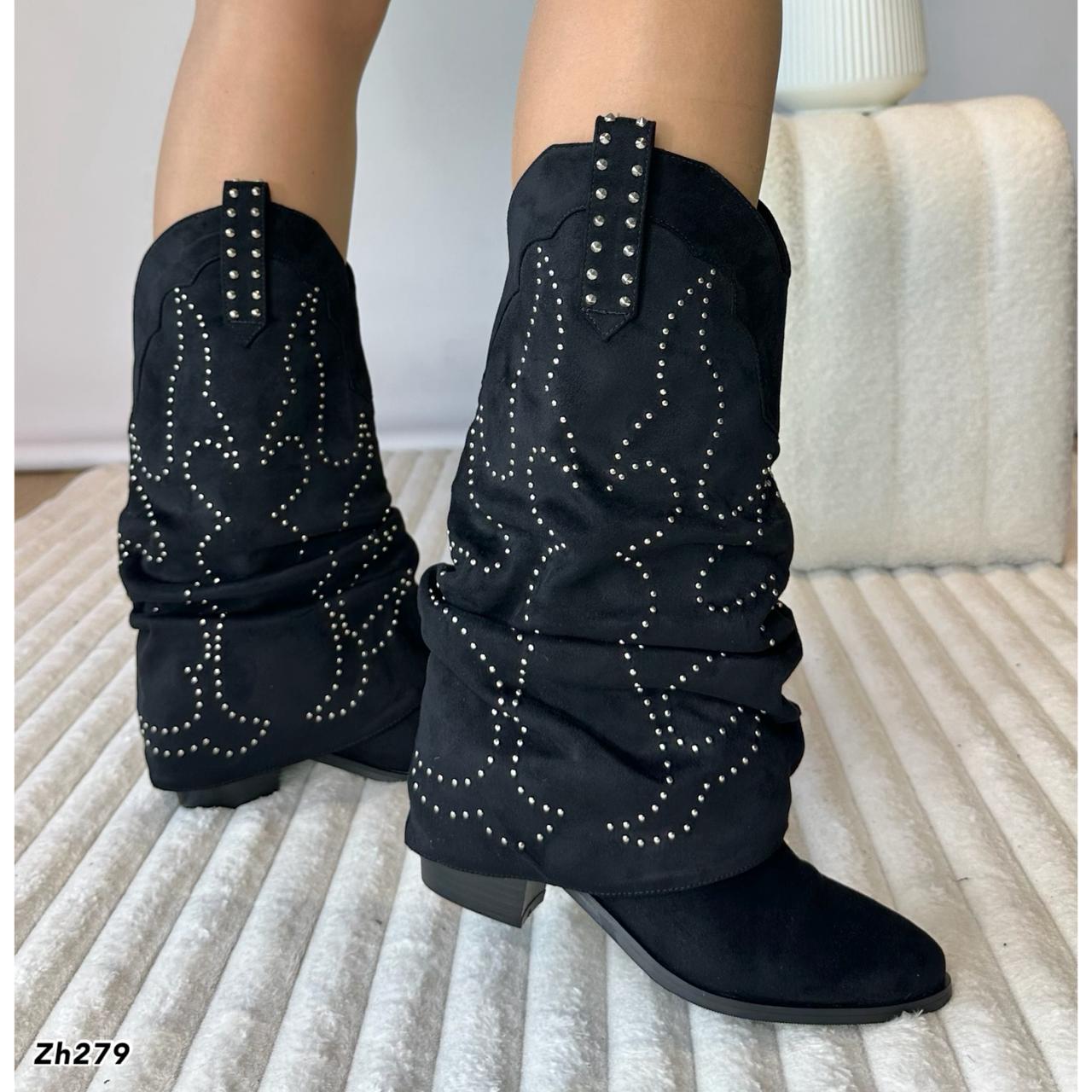 Bota texana negro doblez apliques y taches plateado tacon 6cm  255-074
