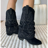Bota texana negro doblez apliques y taches plateado tacon 6cm  255-074