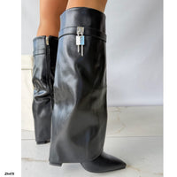 Bota caña alta negro doblez detalle plateado tacon 10cm  HX3079-B9527