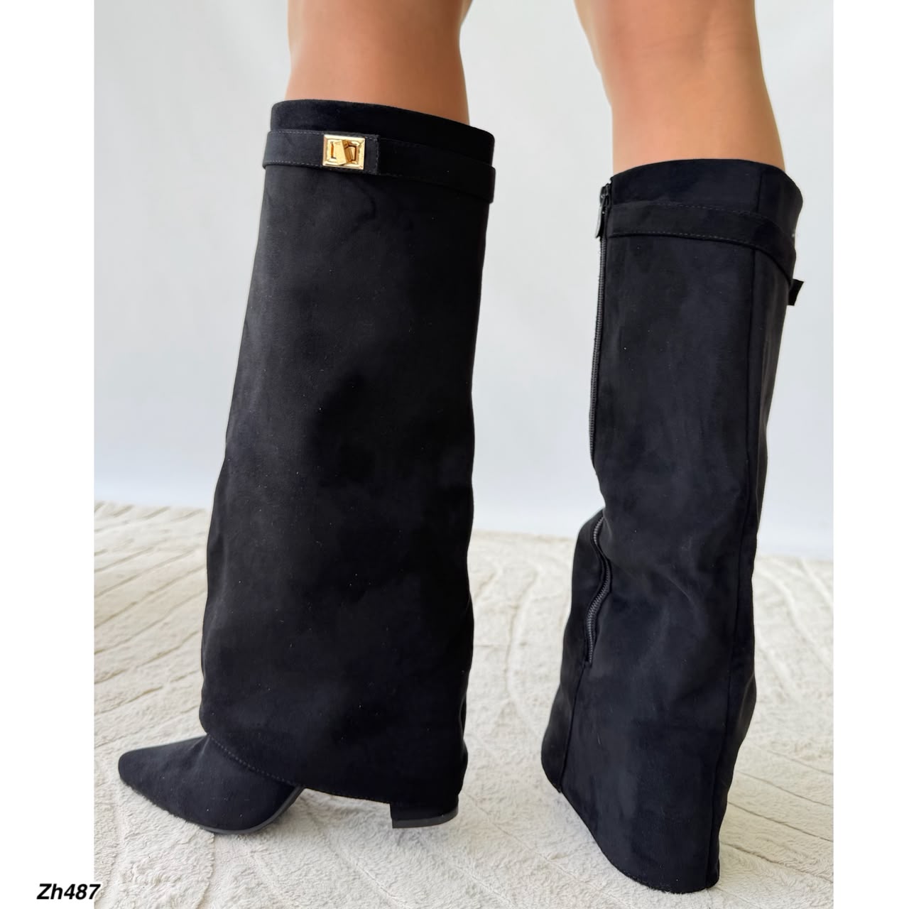 Bota caña alta negro doblez detalle dorado tacon 10cm   SM569-1  C-155
