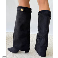 Bota caña alta negro doblez detalle dorado tacon 10cm   SM569-1  C-155