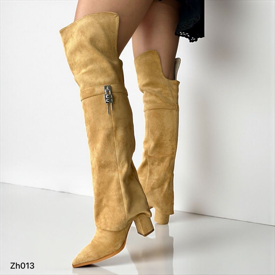 Bota caña alta beige doblez detalle plateado tacon 8cm   HX3076-B9422
