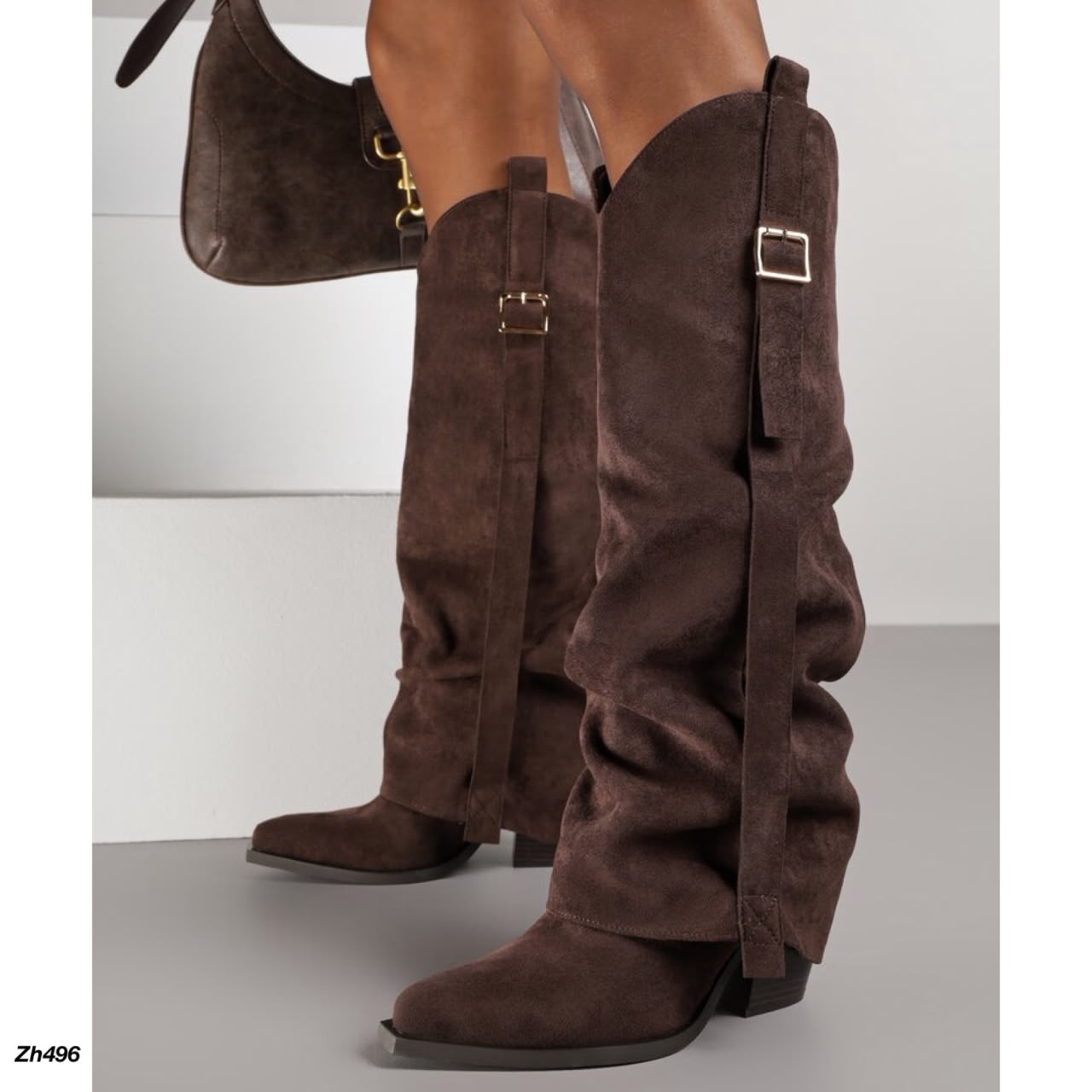 Bota texana cafe doblez detalle hebilla dorado tacon 9cm  7699A  C-163