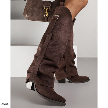 Bota texana cafe doblez detalle hebilla dorado tacon 9cm  7699A  C-163