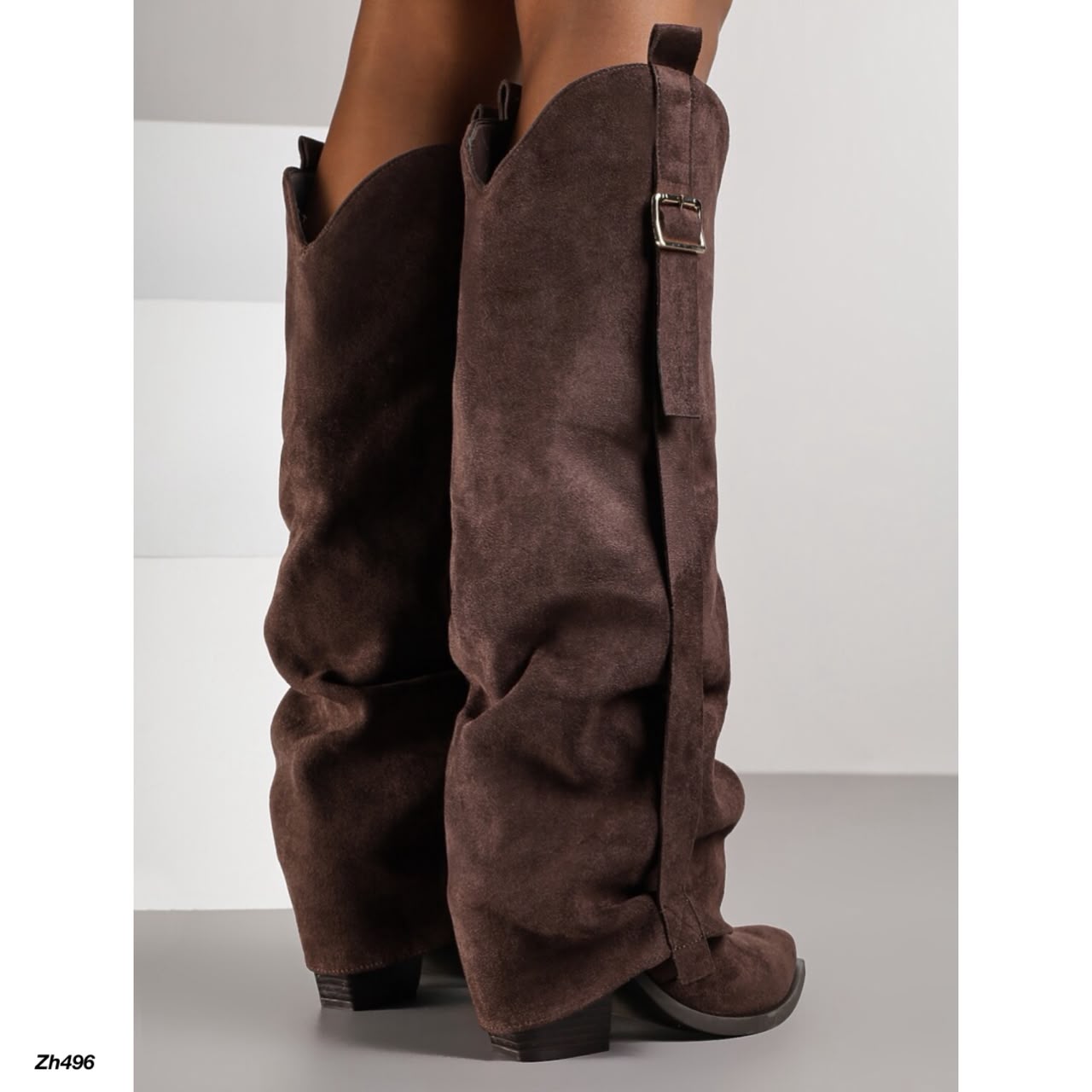 Bota texana cafe doblez detalle hebilla dorado tacon 9cm  7699A  C-163