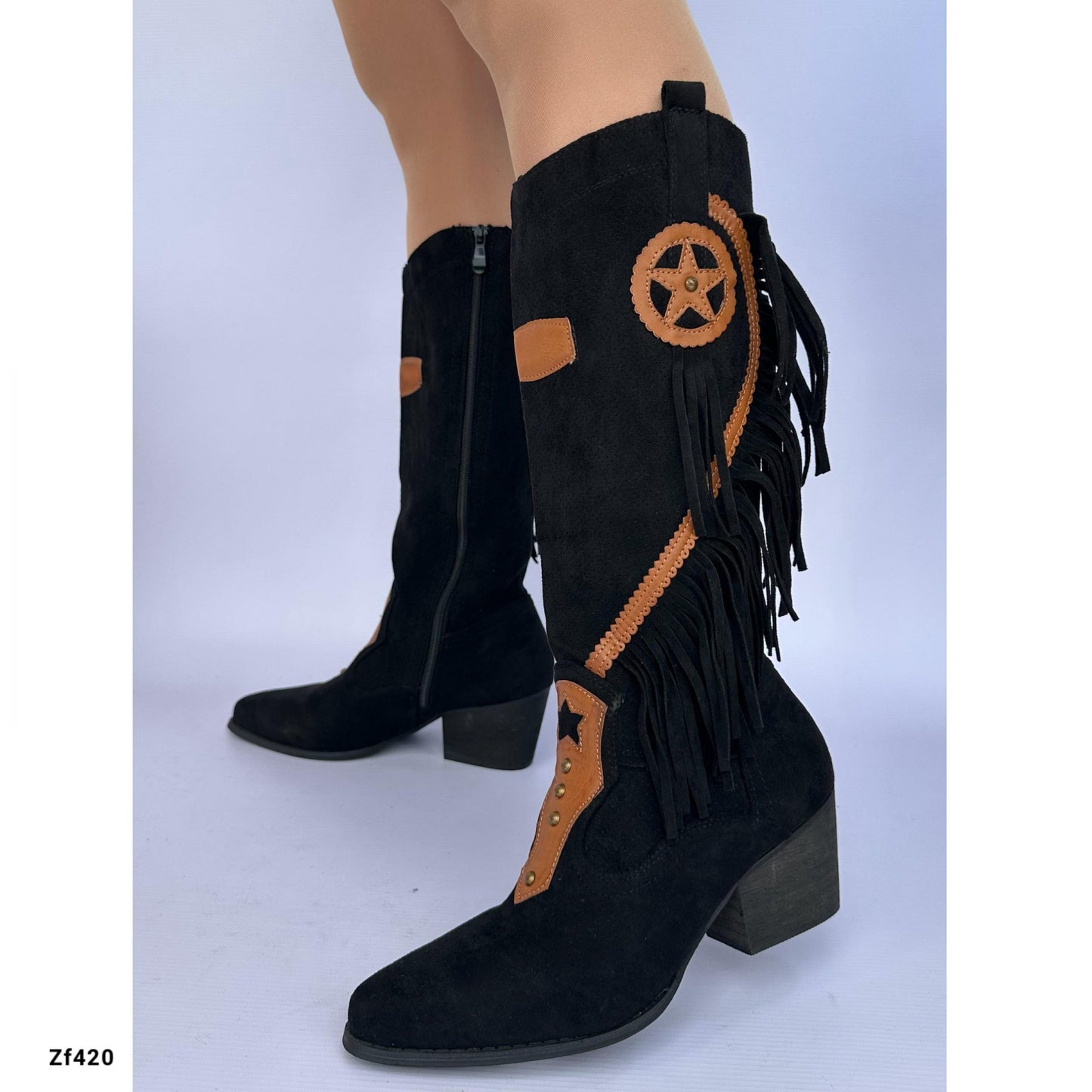 Bota caña alta texana negro flecos tacon 6cm   YZ19-236   C14
