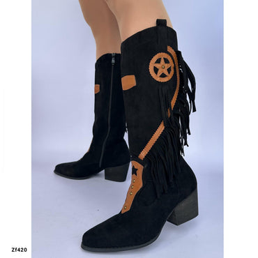 Bota caña alta texana negro flecos tacon 6cm   YZ19-236   C14