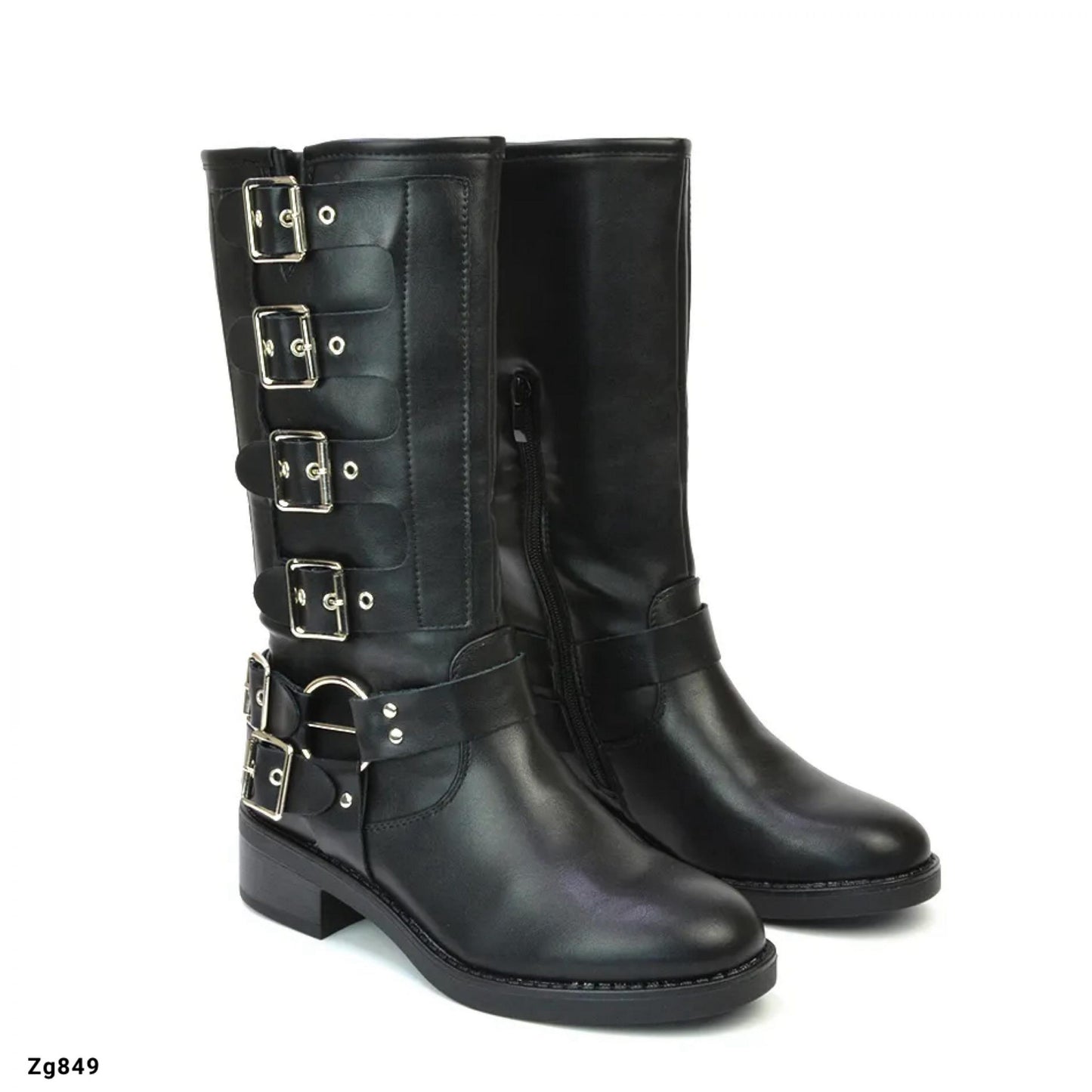 Bota negro caña media detalle correas hebilla plateado tacon 4cm  2Y3806-3  C-6